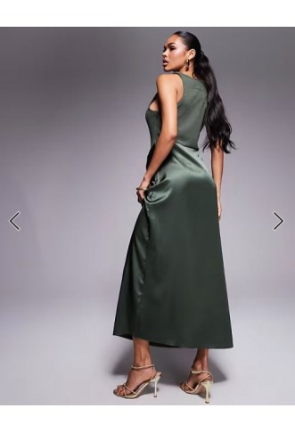 ASOS DESIGN twist strap ribbed midi dress with satin knot skirt in khaki