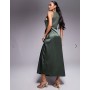 ASOS DESIGN twist strap ribbed midi dress with satin knot skirt in khaki