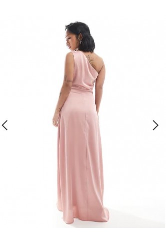 TFNC Petite Bridesmaid one shoulder satin maxi dress with wrap skirt in dusky pink