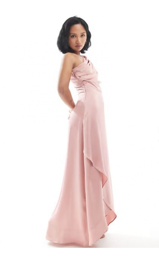TFNC Petite Bridesmaid one shoulder satin maxi dress with wrap skirt in dusky pink