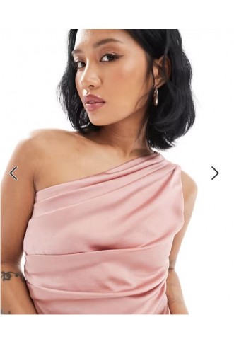 TFNC Petite Bridesmaid one shoulder satin maxi dress with wrap skirt in dusky pink