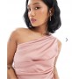 TFNC Petite Bridesmaid one shoulder satin maxi dress with wrap skirt in dusky pink