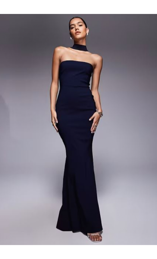 Vesper bengaline choker detail fishtail maxi dress in navy