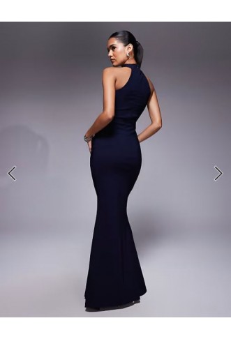 Vesper bengaline choker detail fishtail maxi dress in navy