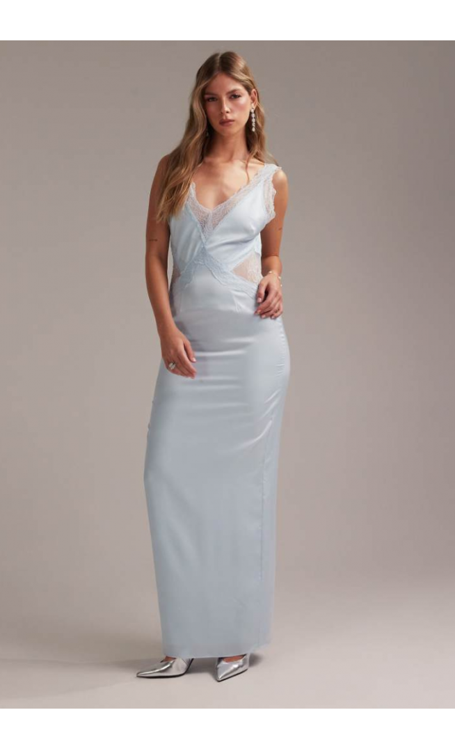 Asos Design Bridesmaids Plunge Neck Lace Detail Satin Column Maxi Dress In Light Blue | ModeSens