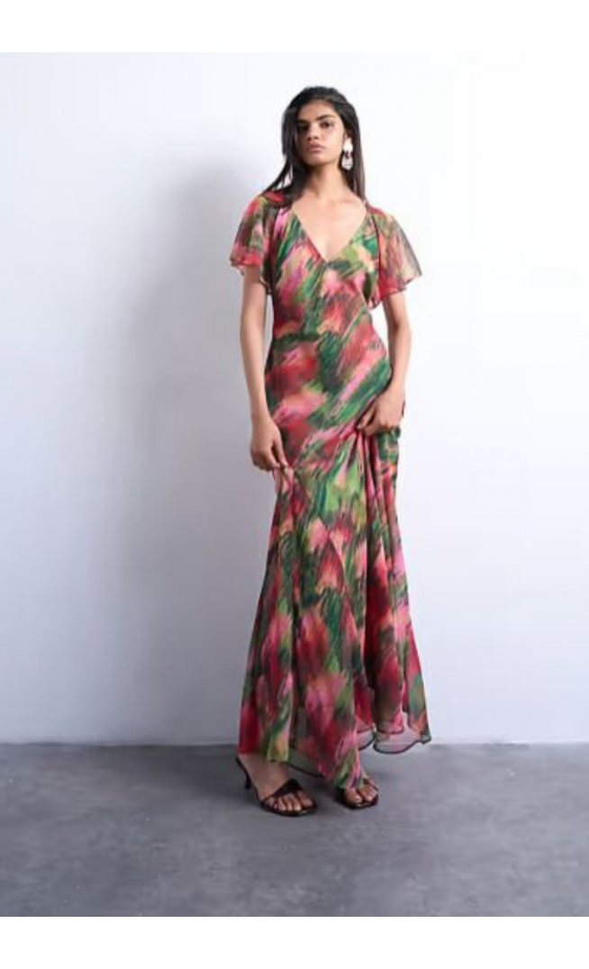 Topshop flutter sleeve godet hem midi dress in blurred floral