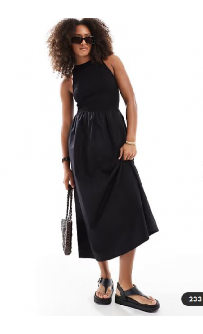 ASOS DESIGN racer crinkle bodice poplin skirt midi dress in black
