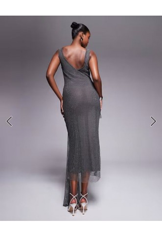 ASOS DESIGN scoop neck fishnet hotfix embellished midi dress with sash detail skirt in in charcoa