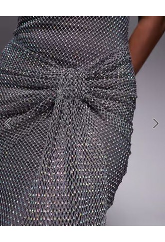 ASOS DESIGN scoop neck fishnet hotfix embellished midi dress with sash detail skirt in in charcoa