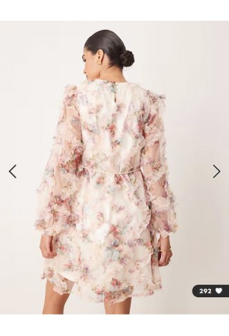YAS long sleeve textured mini dress in blurred floral print