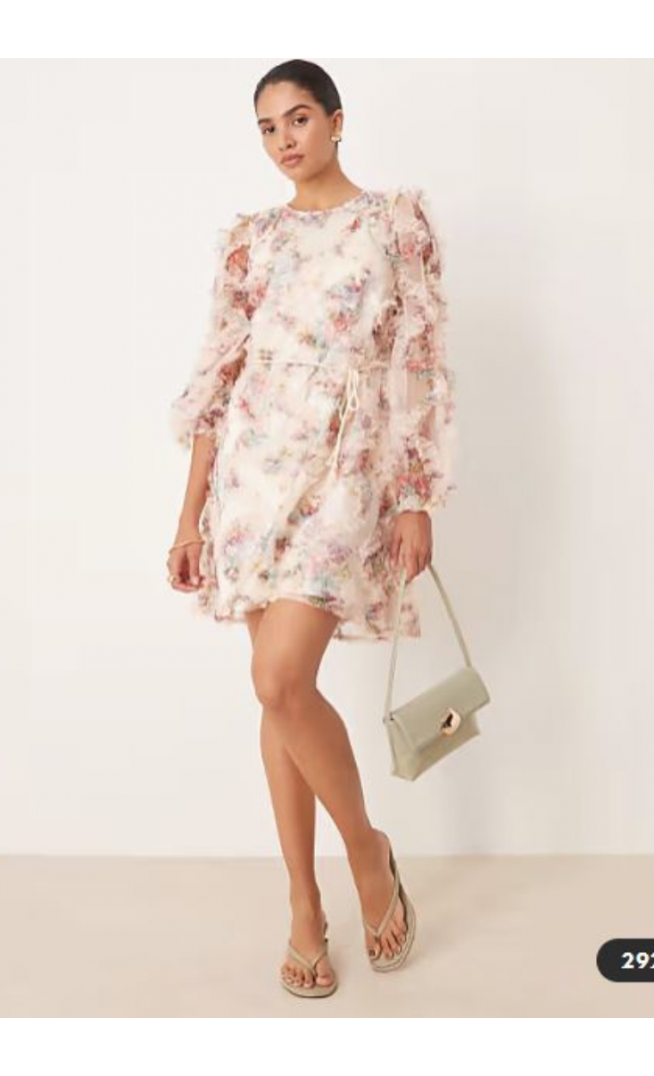 YAS long sleeve textured mini dress in blurred floral print