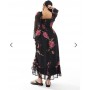 Miss Selfridge Petite long sleeve corset detail maxi dress in rose print