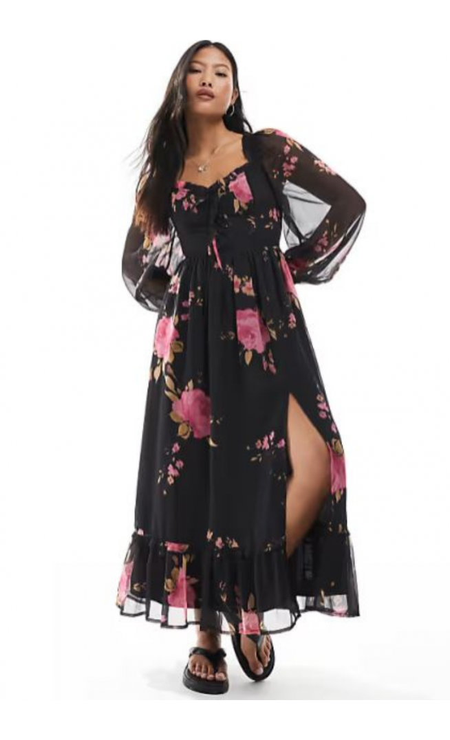 Miss Selfridge Petite long sleeve corset detail maxi dress in rose print