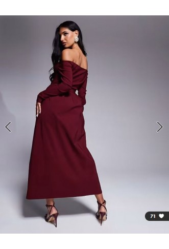 ASOS DESIGN bengaline long sleeve bardot midi dress in burgundy