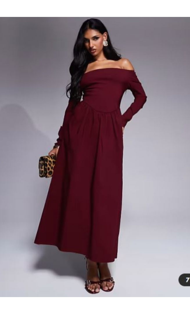 ASOS DESIGN bengaline long sleeve bardot midi dress in burgundy