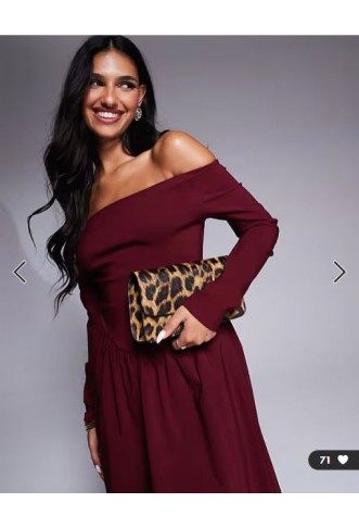 ASOS DESIGN bengaline long sleeve bardot midi dress in burgundy
