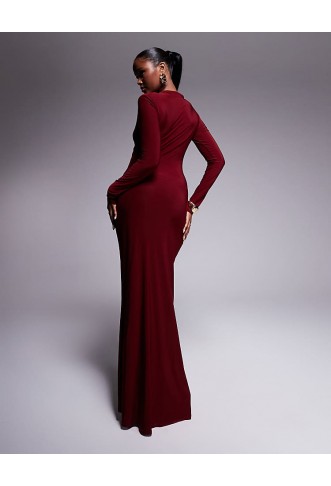 High Neck Slinky Maxi Dress with Ruched Skirt Detail in BURGUNDY