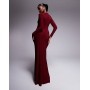 High Neck Slinky Maxi Dress with Ruched Skirt Detail in BURGUNDY
