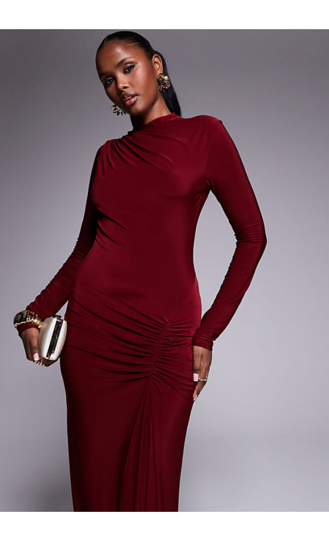 High Neck Slinky Maxi Dress with Ruched Skirt Detail in BURGUNDY