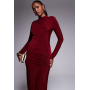 High Neck Slinky Maxi Dress with Ruched Skirt Detail in BURGUNDY