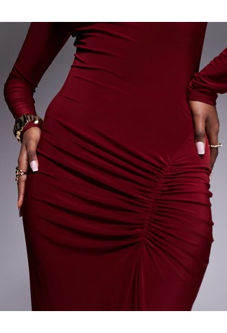 High Neck Slinky Maxi Dress with Ruched Skirt Detail in BURGUNDY