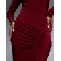 High Neck Slinky Maxi Dress with Ruched Skirt Detail in BURGUNDY