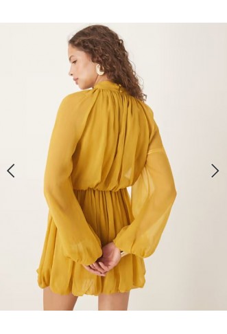 ASOS DESIGN long sleeve blouson mini dress with skirt in ochre