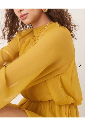 ASOS DESIGN long sleeve blouson mini dress with skirt in ochre