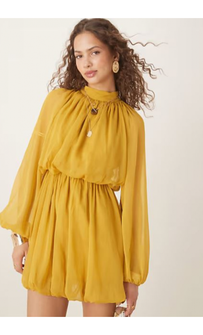 ASOS DESIGN long sleeve blouson mini dress with skirt in ochre