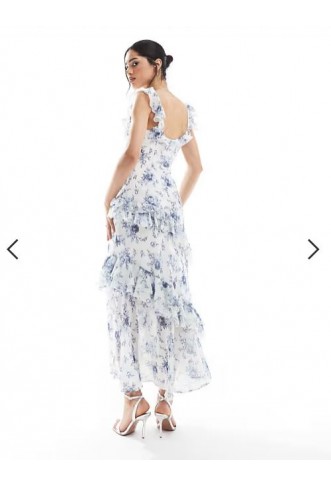 New Look ruffle asymmetric midi dress in blue floral