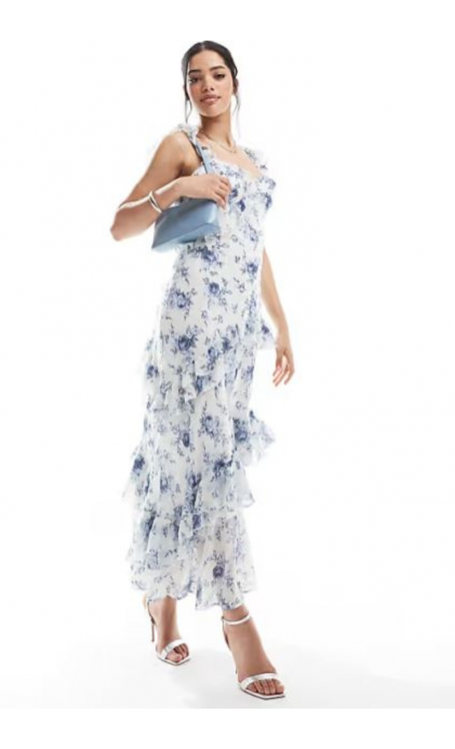 New Look ruffle asymmetric midi dress in blue floral