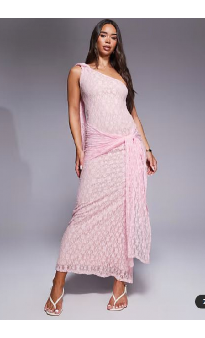 ASOS DESIGN one shoulder lace maxi dress with knotted skirt detailing in pink