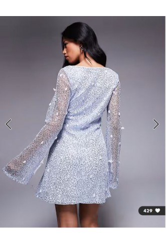 ASOS DESIGN shell embellished sequin long sleeve v-neck mini dress with 3D fringe details in steel grey
