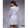 ASOS DESIGN shell embellished sequin long sleeve v-neck mini dress with 3D fringe details in steel grey