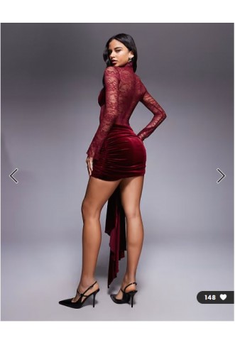 Wanderdoll Sasha lace high neck velvet drape detail mini dress in wine