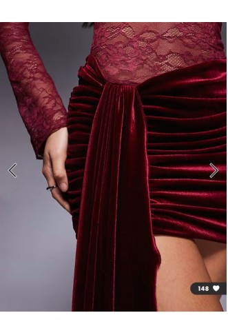 Wanderdoll Sasha lace high neck velvet drape detail mini dress in wine