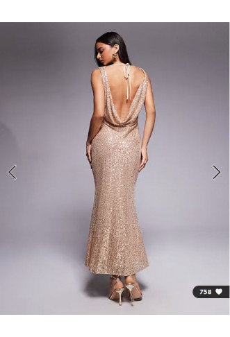 TFNC cowl neck maxi dress with open back in gold sequin