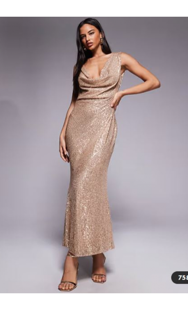 TFNC cowl neck maxi dress with open back in gold sequin