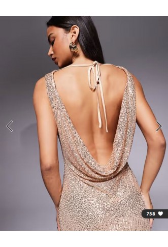 TFNC cowl neck maxi dress with open back in gold sequin