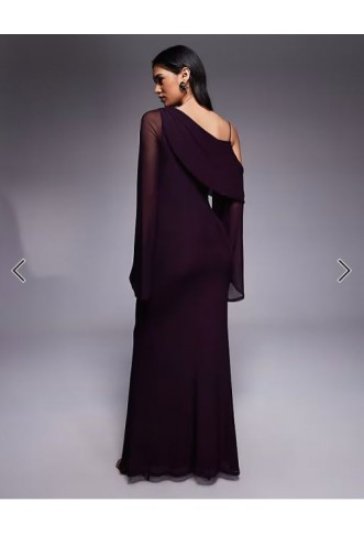 ASOS DESIGN mesh folded neckline midi dress with fallen shoulder in plum