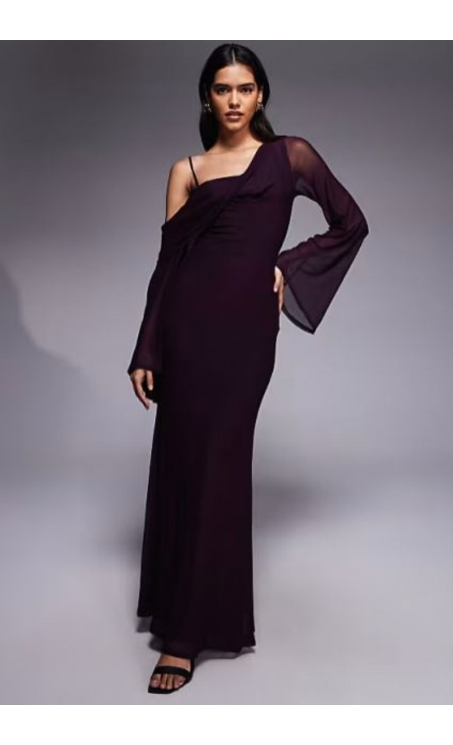 ASOS DESIGN mesh folded neckline midi dress with fallen shoulder in plum