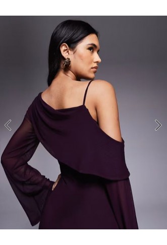 ASOS DESIGN mesh folded neckline midi dress with fallen shoulder in plum