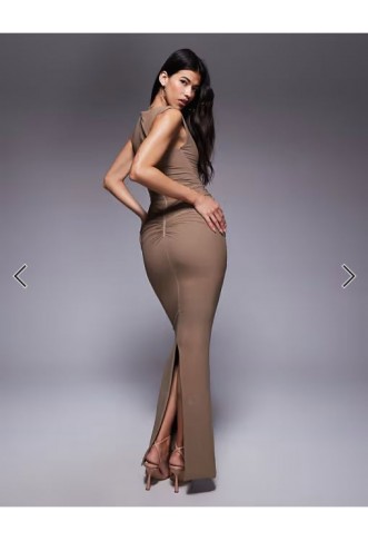 Wanderdoll Poppy sculpting mesh sleeveless gathered waist detail maxi dress in mocha