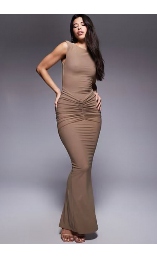 Wanderdoll Poppy sculpting mesh sleeveless gathered waist detail maxi dress in mocha