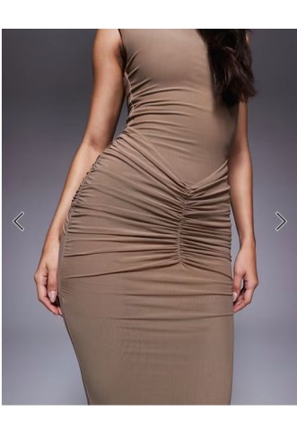 Wanderdoll Poppy sculpting mesh sleeveless gathered waist detail maxi dress in mocha