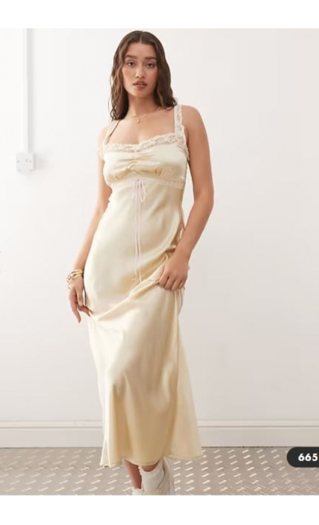 Reclaimed Vintage maxi slip dress with contrast pink trim in cream