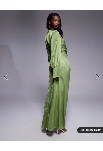 ASOS DESIGN twist front bias satin maxi dress with gold hardware in olive green