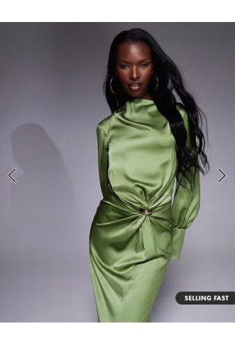 ASOS DESIGN twist front bias satin maxi dress with gold hardware in olive green
