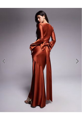 Daska satin maxi dress with exaggerated bow back in rust
