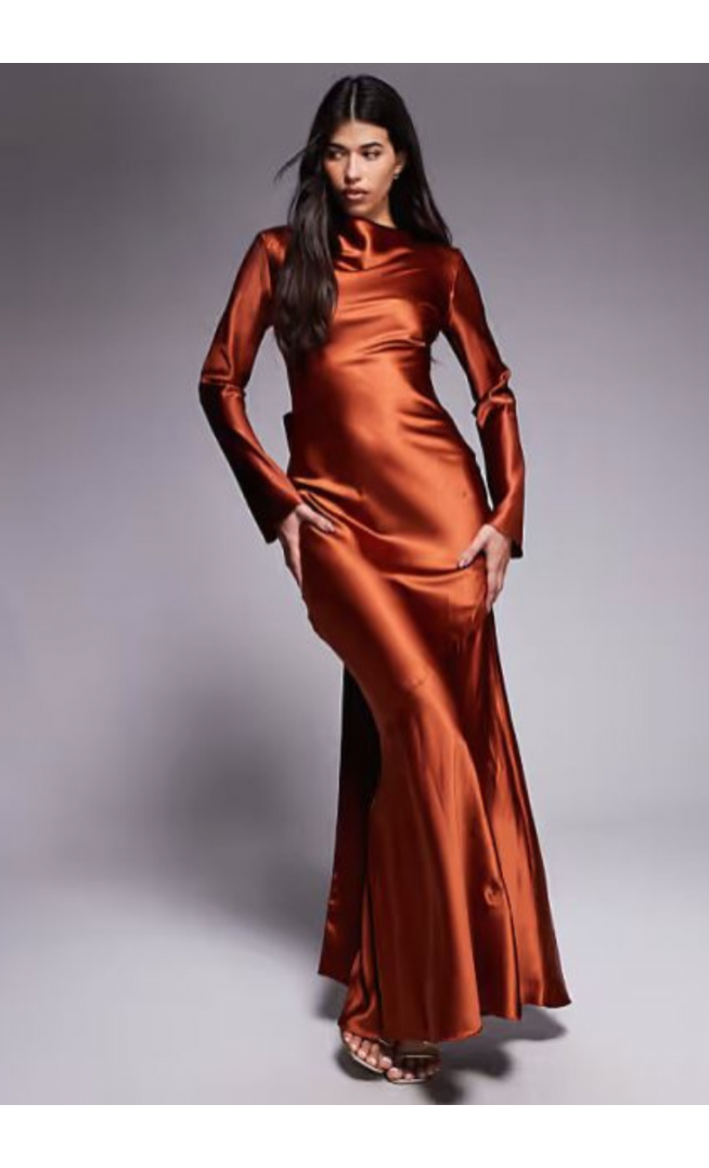 Daska satin maxi dress with exaggerated bow back in rust